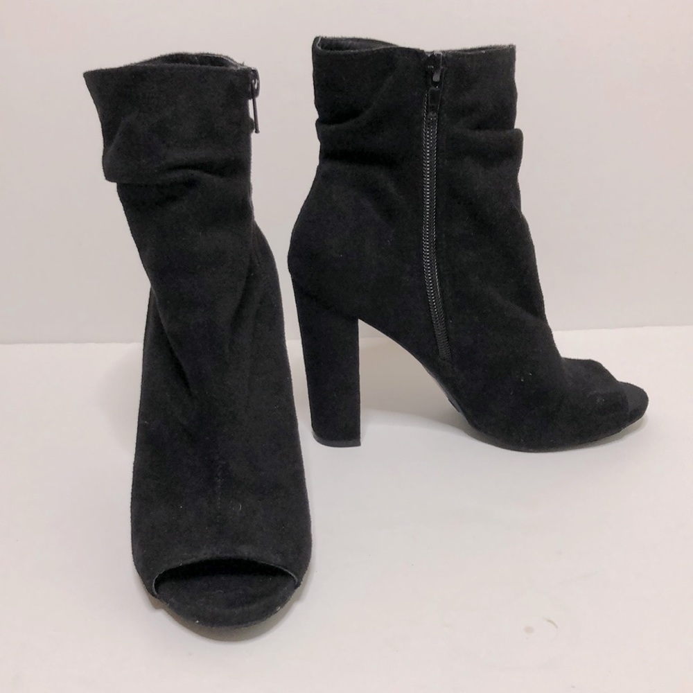Black open toe ankle zip boots
